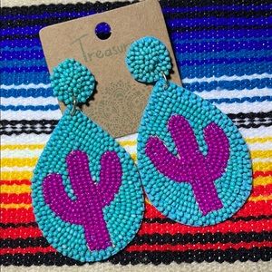 NWT Turquoise & Purple Seed Bead Cactus Teardrop